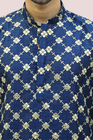 Bluesaanchi Men's Dark Blue Dupion Silk Kurta Set - Veshbhoshaa