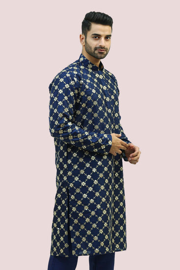 Bluesaanchi Men's Dark Blue Dupion Silk Kurta Set - Veshbhoshaa