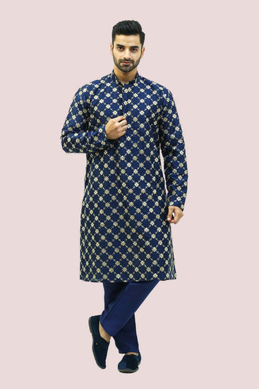 Bluesaanchi Men's Dark Blue Dupion Silk Kurta Set - Veshbhoshaa