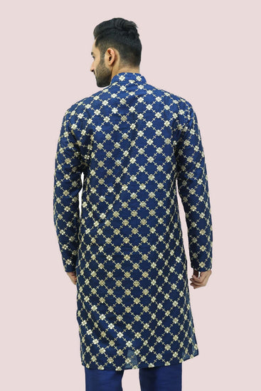 Bluesaanchi Men's Dark Blue Dupion Silk Kurta Set - Veshbhoshaa