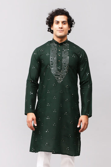 Bluesaanchi Men's Dark Green Kurta Set with Embroidery Motif - Veshbhoshaa