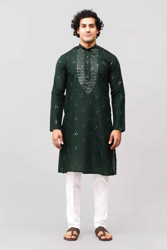 Bluesaanchi Men's Dark Green Kurta Set with Embroidery Motif - Veshbhoshaa