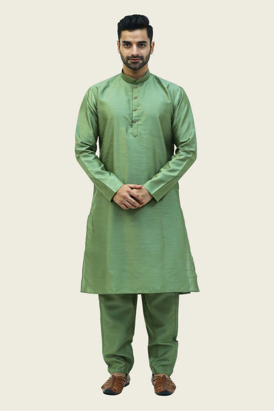 Bluesaanchi Men's Dark Green Raw Silk Kurta Set - Veshbhoshaa