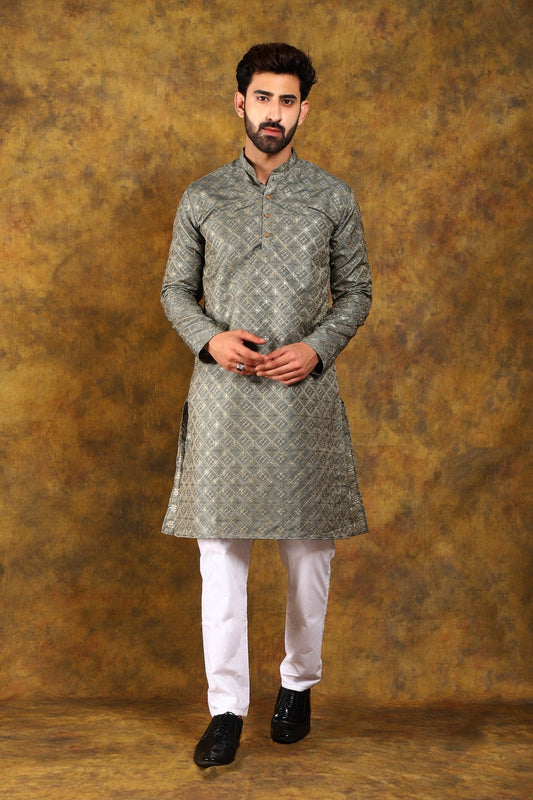 Bluesaanchi Men's Dark Grey Embroidered Kurta Set - Veshbhoshaa