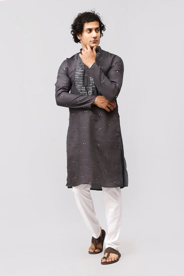 Bluesaanchi Men's Dark Grey Kurta Set with Embroidery Motif - Veshbhoshaa