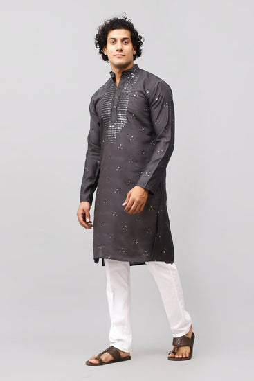 Bluesaanchi Men's Dark Grey Kurta Set with Embroidery Motif - Veshbhoshaa