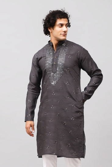 Bluesaanchi Men's Dark Grey Kurta Set with Embroidery Motif - Veshbhoshaa