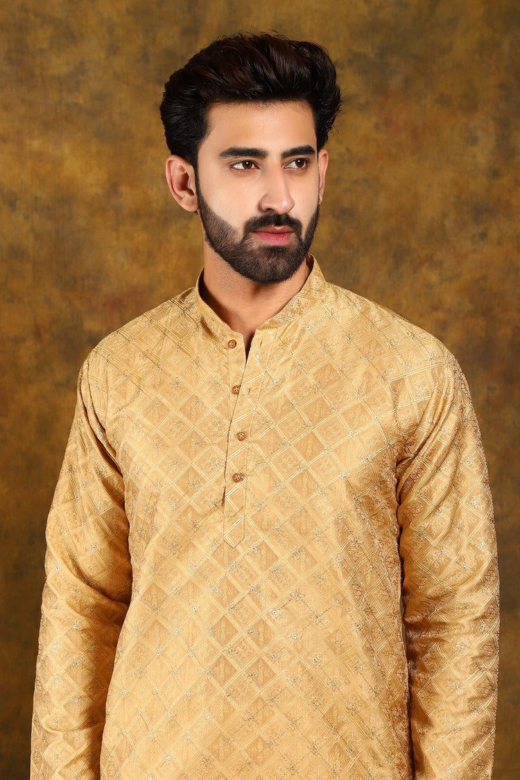 Bluesaanchi Men's Golden Embroidery Kurta Set - Veshbhoshaa