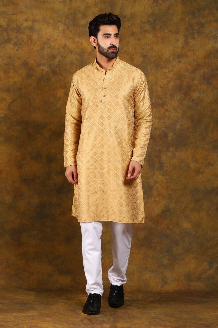 Bluesaanchi Men's Golden Embroidery Kurta Set - Veshbhoshaa