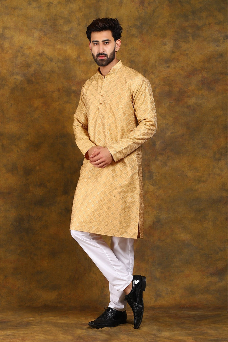 Bluesaanchi Men's Golden Embroidery Kurta Set - Veshbhoshaa