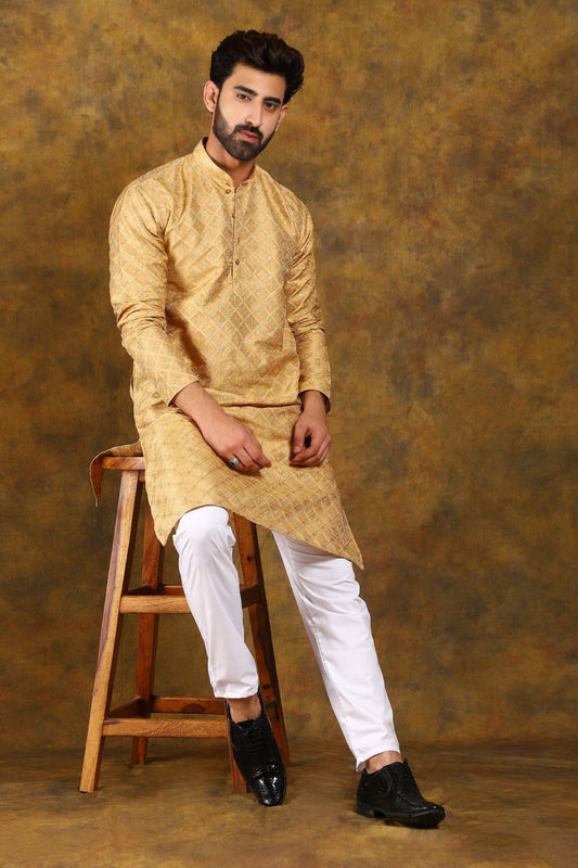 Bluesaanchi Men's Golden Embroidery Kurta Set - Veshbhoshaa