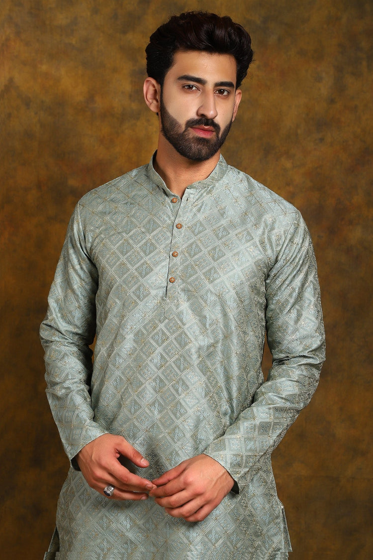 Bluesaanchi Men's Grey Embroidery Kurta Set - Veshbhoshaa