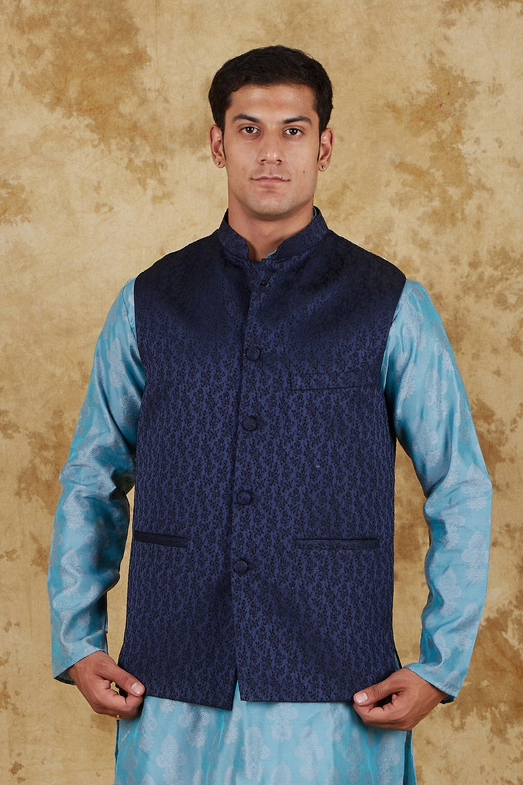 Bluesaanchi Men's Jacquard Blue Waistcoat - Veshbhoshaa