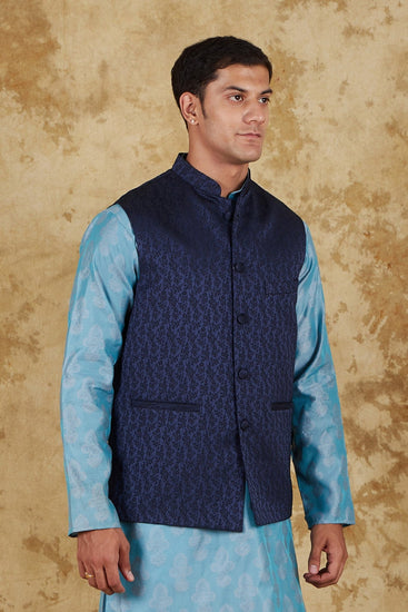 Bluesaanchi Men's Jacquard Blue Waistcoat - Veshbhoshaa