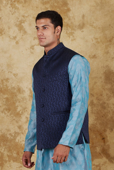 Bluesaanchi Men's Jacquard Blue Waistcoat - Veshbhoshaa