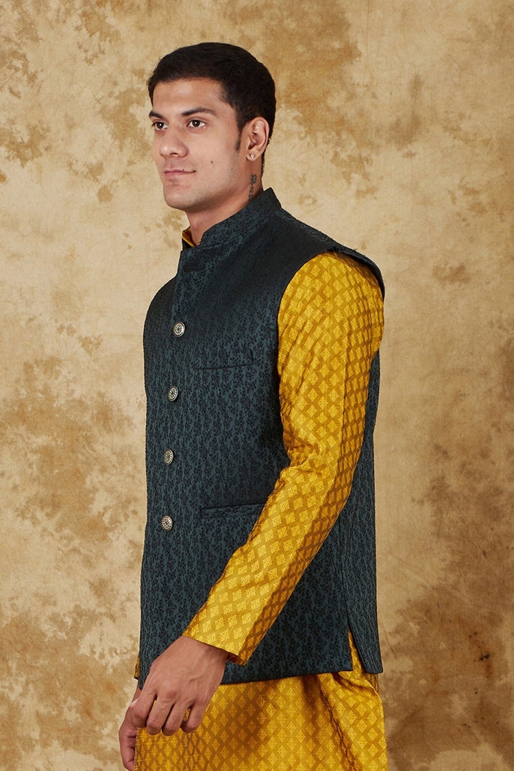 Bluesaanchi Men's Jacquard Dark Green Waistcoat - Veshbhoshaa