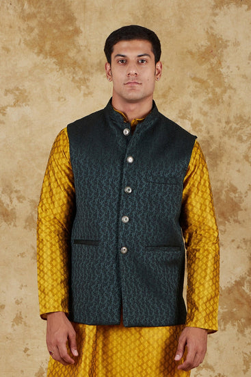 Bluesaanchi Men's Jacquard Dark Green Waistcoat - Veshbhoshaa