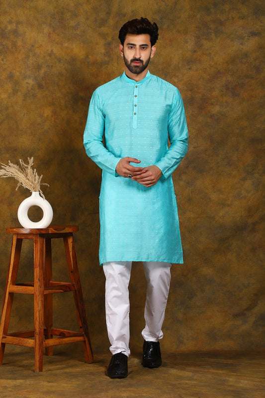 Bluesaanchi Men's Light Blue Zari Embroidery Kurta Set - Veshbhoshaa