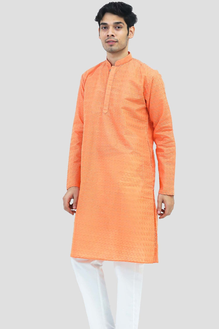 Bluesaanchi Men's Light Orange Murli Chikankari Embroidery Kurta Pyjama Set - Veshbhoshaa