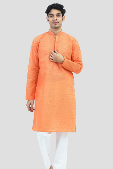 Bluesaanchi Men's Light Orange Murli Chikankari Embroidery Kurta Pyjama Set - Veshbhoshaa