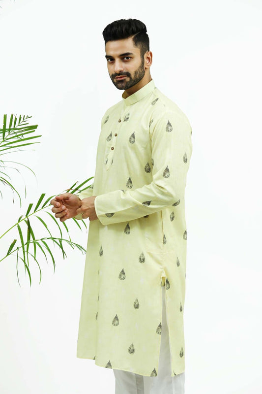 Bluesaanchi Men's Light Yellow Printed Kurta Set - Veshbhoshaa