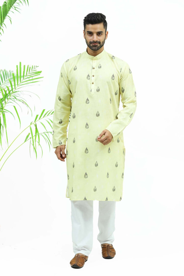 Bluesaanchi Men's Light Yellow Printed Kurta Set - Veshbhoshaa