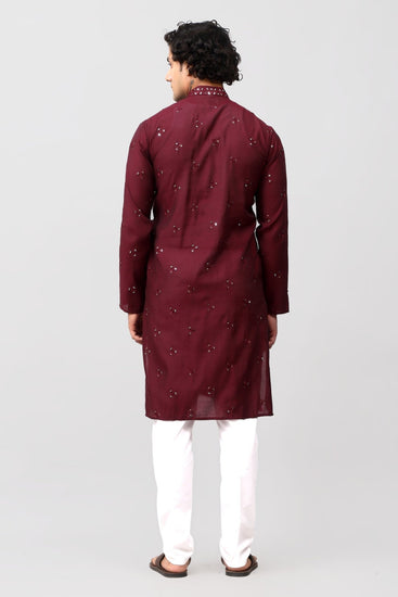 Bluesaanchi Men's Maroon Kurta Set with Embroidery Motif - Veshbhoshaa