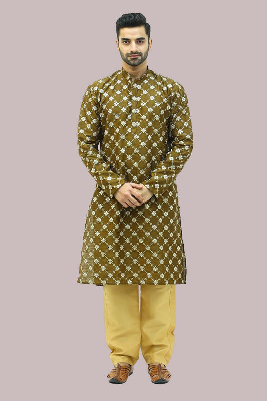 Bluesaanchi Men's Mehandi Dupion Silk Kurta Set - Veshbhoshaa