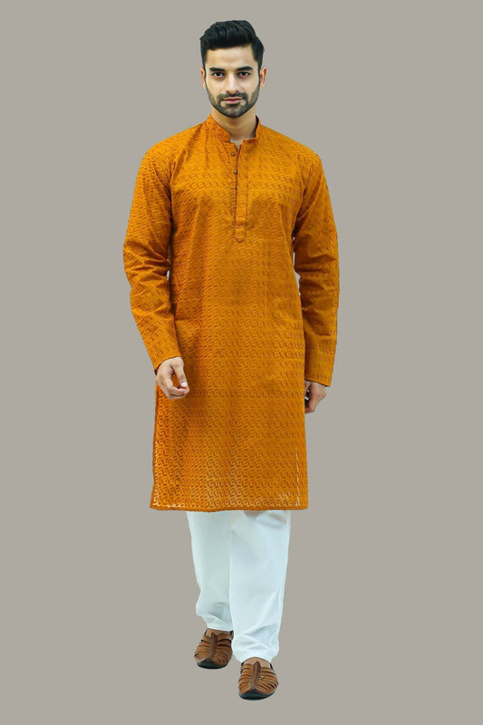 Bluesaanchi Men's Mustard Murli Chikankari Embroidery Kurta Pyjama Set - Veshbhoshaa