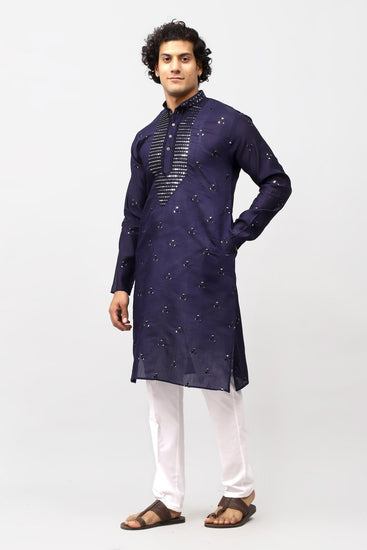 Bluesaanchi Men's Navy Blue Kurta Set with Embroidery Motif - Veshbhoshaa