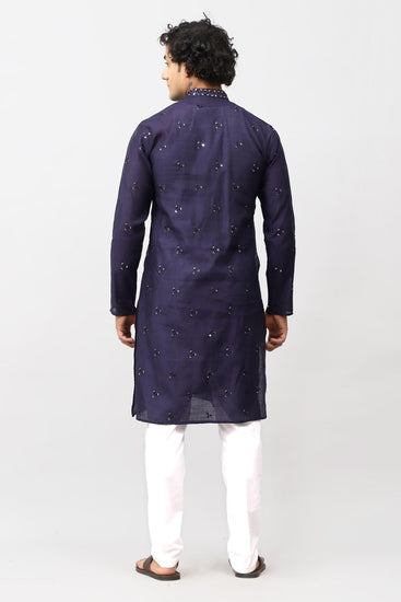 Bluesaanchi Men's Navy Blue Kurta Set with Embroidery Motif - Veshbhoshaa