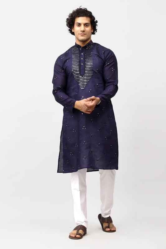 Bluesaanchi Men's Navy Blue Kurta Set with Embroidery Motif - Veshbhoshaa