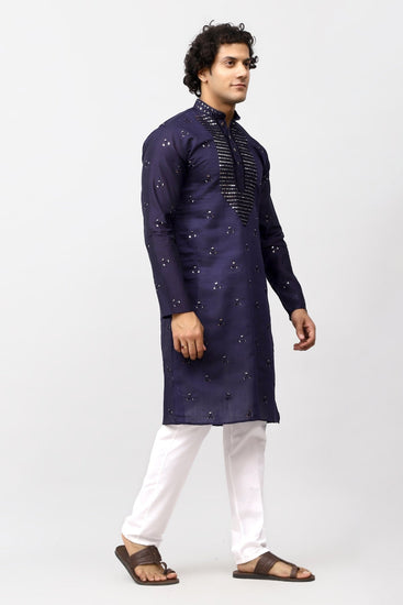 Bluesaanchi Men's Navy Blue Kurta Set with Embroidery Motif - Veshbhoshaa