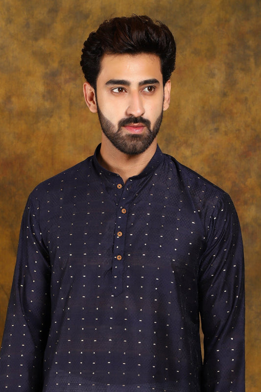 Bluesaanchi Men's Navy Blue Zari Embroidery Kurta Pyjama - Veshbhoshaa