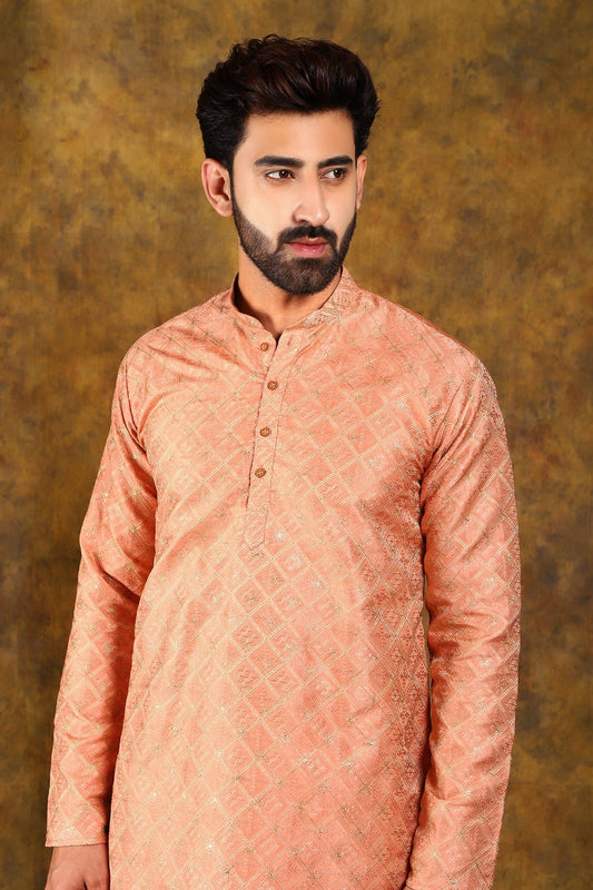 Bluesaanchi Men's Peach Embroidered Kurta Set - Veshbhoshaa