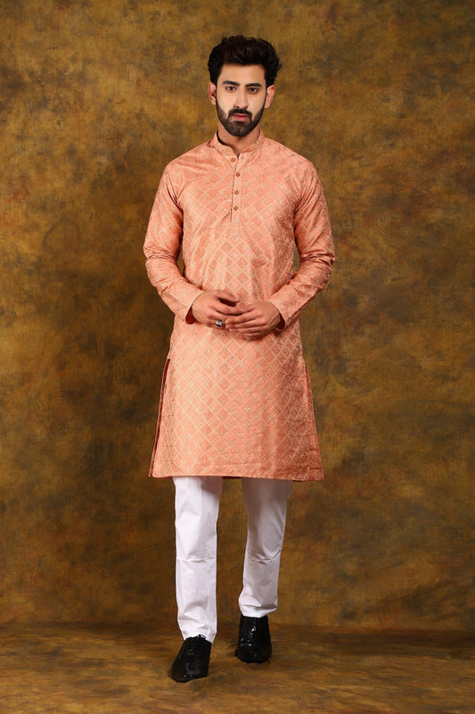 Bluesaanchi Men's Peach Embroidered Kurta Set - Veshbhoshaa