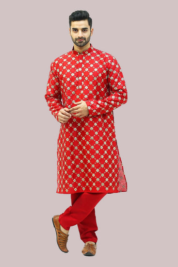 Bluesaanchi Men's Red Mirror Embroidery Kurta Set - Veshbhoshaa