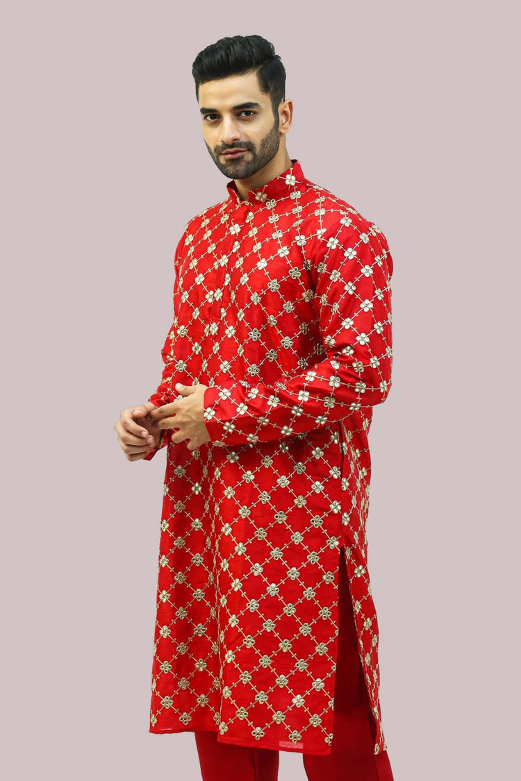 Bluesaanchi Men's Red Mirror Embroidery Kurta Set - Veshbhoshaa