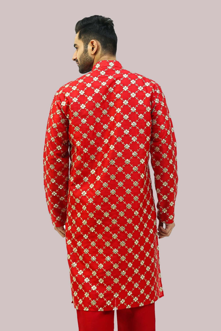 Bluesaanchi Men's Red Mirror Embroidery Kurta Set - Veshbhoshaa