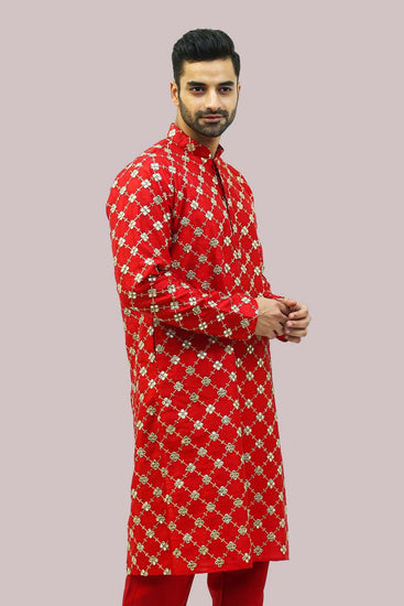 Bluesaanchi Men's Red Mirror Embroidery Kurta Set - Veshbhoshaa