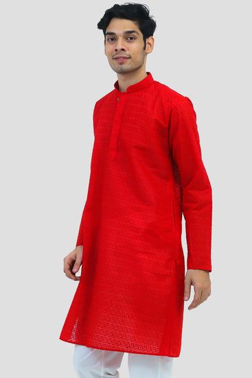 Bluesaanchi Men's Red Murli Chikankari Embroidery Kurta Pyjama Set - Veshbhoshaa