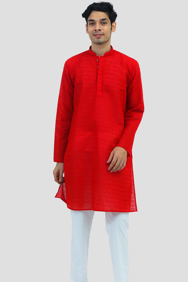 Bluesaanchi Men's Red Murli Chikankari Embroidery Kurta Pyjama Set - Veshbhoshaa