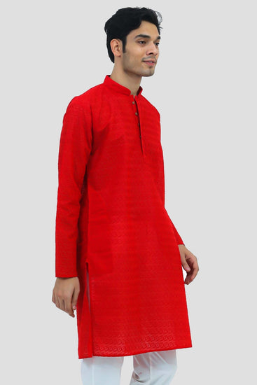 Bluesaanchi Men's Red Murli Chikankari Embroidery Kurta Pyjama Set - Veshbhoshaa