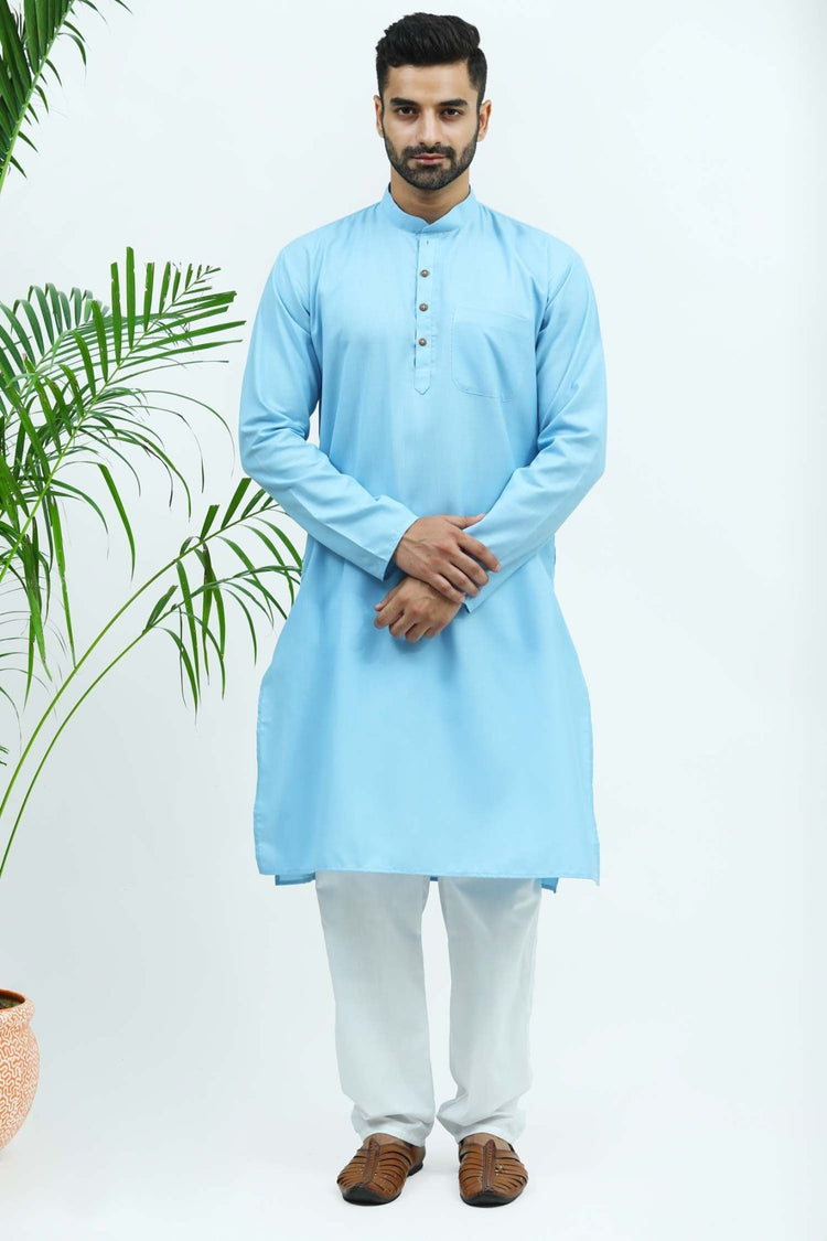 Bluesaanchi Men's Sky Blue Matka Silk Kurta Set - Veshbhoshaa