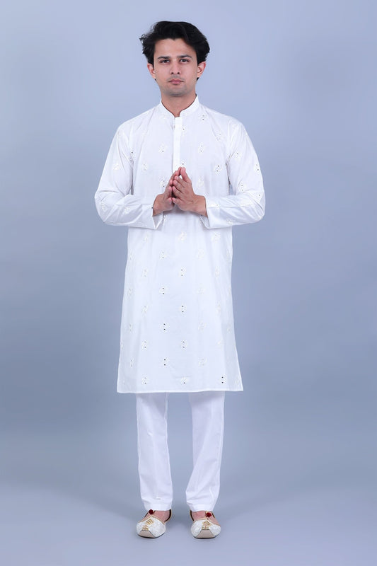 Bluesaanchi Men's White Embroidery Kurta Set - Veshbhoshaa