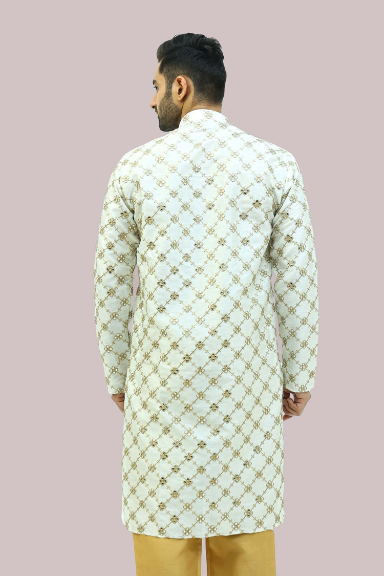 Bluesaanchi Men's White Mirror Embroidery Kurta Set - Veshbhoshaa