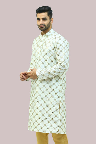 Bluesaanchi Men's White Mirror Embroidery Kurta Set - Veshbhoshaa