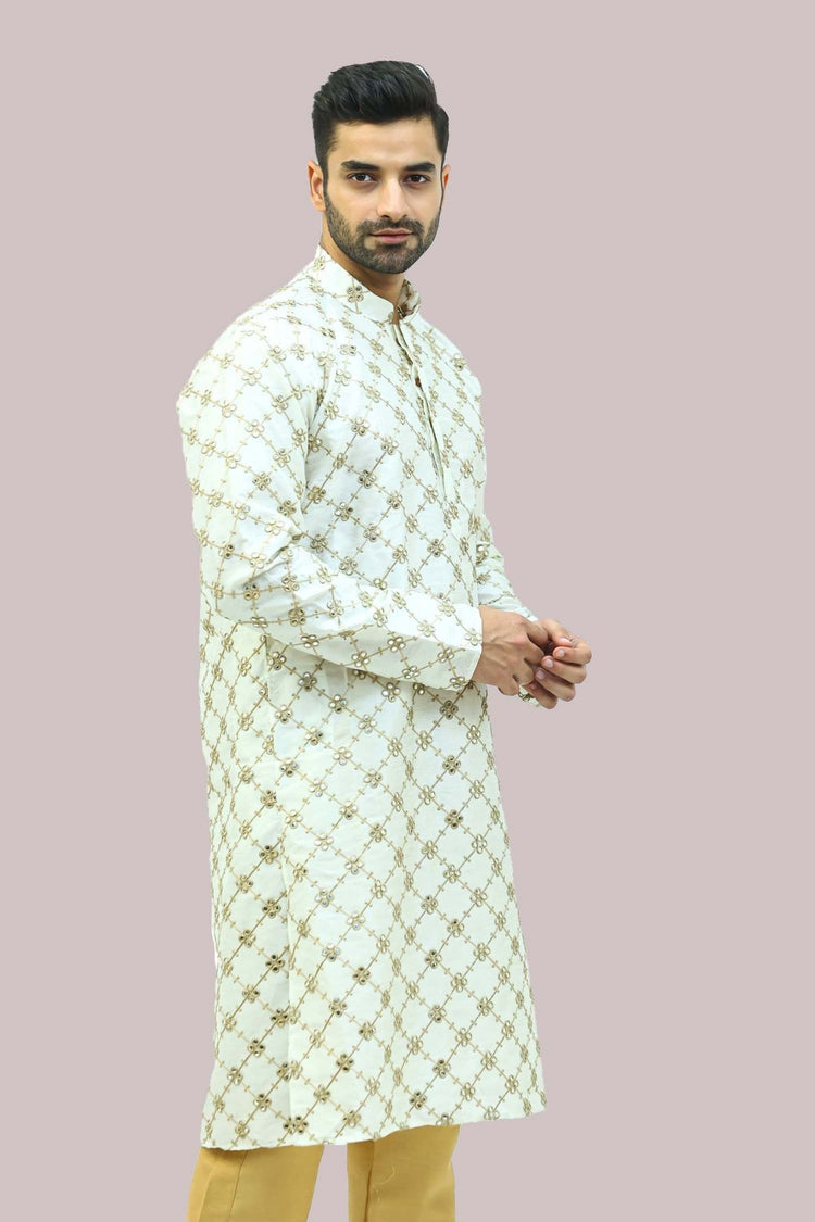 Bluesaanchi Men's White Mirror Embroidery Kurta Set - Veshbhoshaa