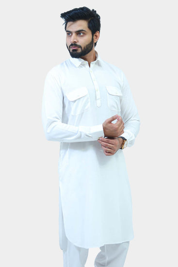 Bluesaanchi Men's White Pathani Kurta Set - Veshbhoshaa