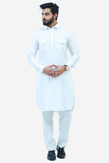 Bluesaanchi Men's White Pathani Kurta Set - Veshbhoshaa